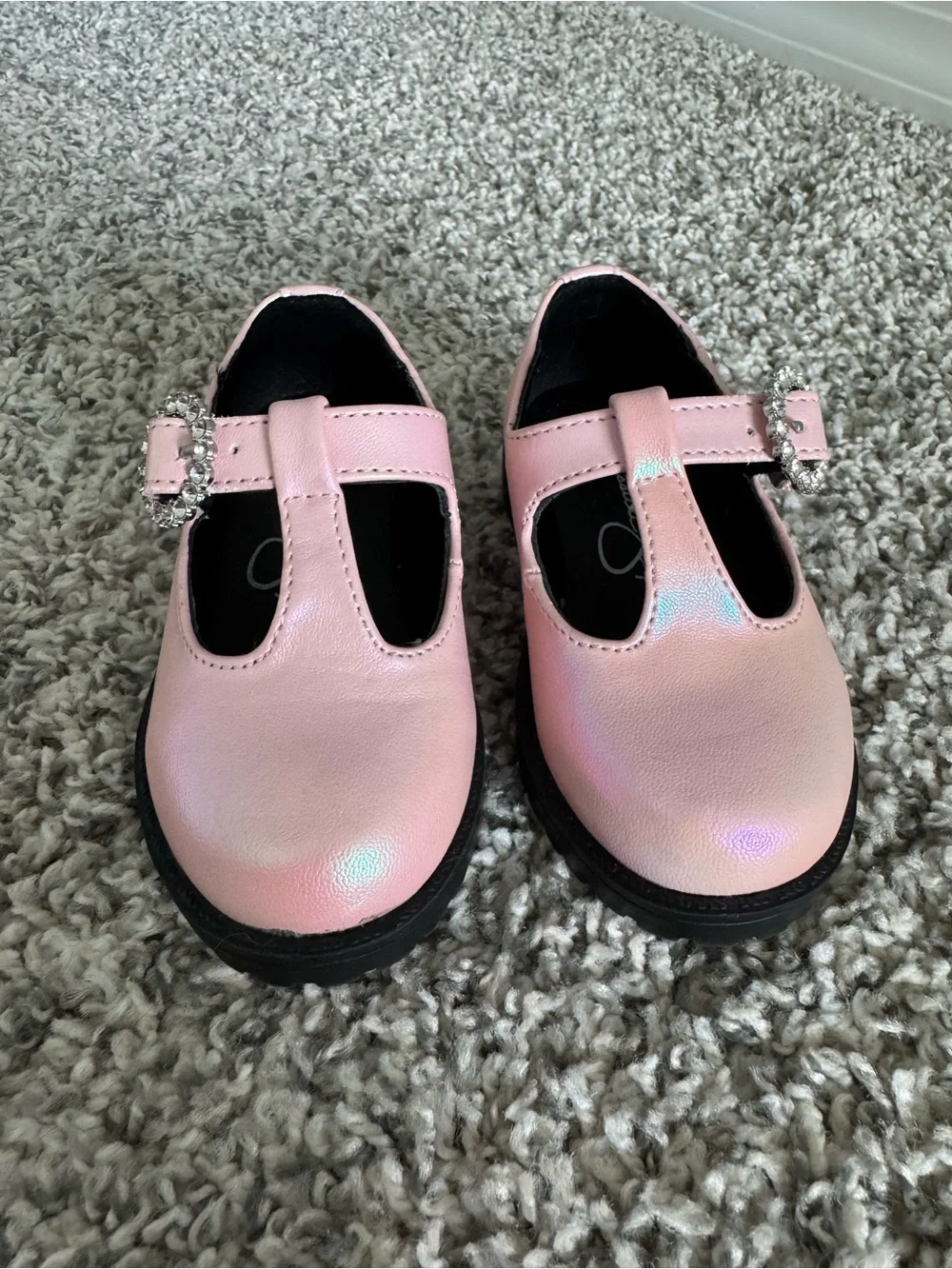 Girls Pink T-Strap Mary Jane Shoes with Rhinestone Buckle